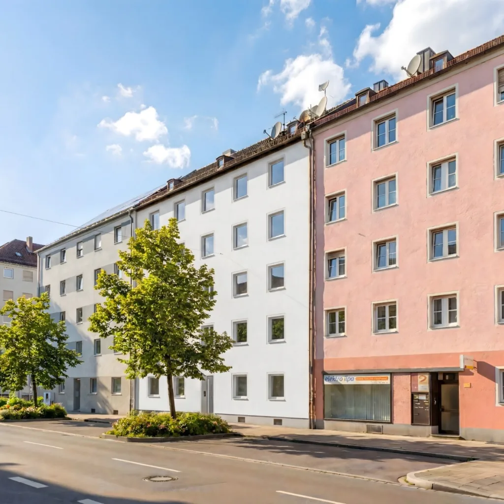 Immo Nürnberg zeigt eine moderne Wohnanlage in einer urbanen Umgebung, die als Kapitalanlage im Fokus von BetonGold Immobilien steht